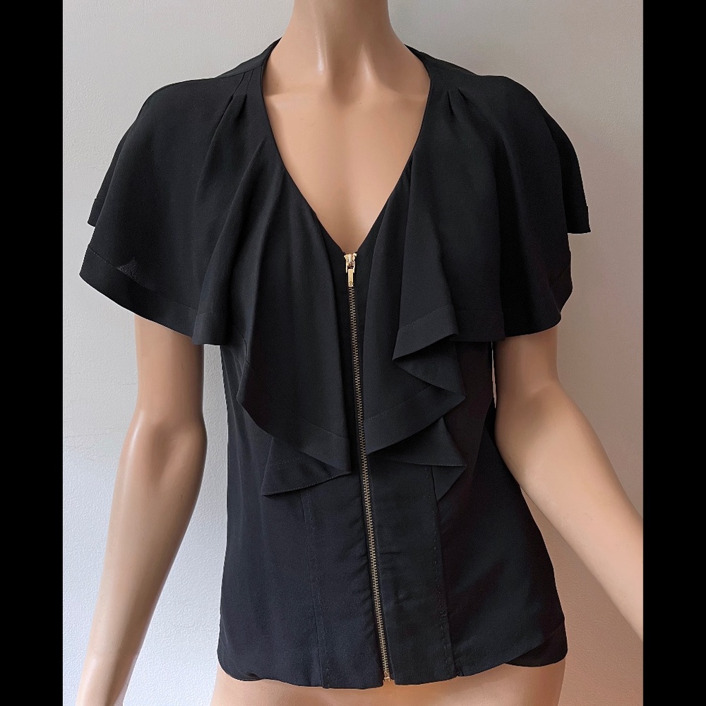 Tory Burch black silk top ruffle sleeves zip front size 0